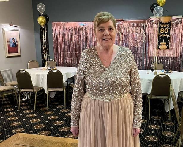 A glamorous Joan Burke celebrating he 80th birthday. Pic: Contributed