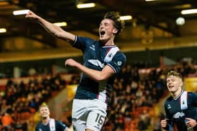 Falkirk striker Barney Stewart celebrates scoring his first Bairns' first-team goal to make it 3-0 against Airdrieonians (Photo: Craig Foy/SNS Group)