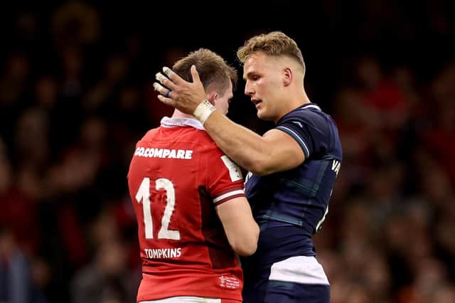 Duhan van der Merwe of Scotland consoles Nick Tompkins of Wales at full time following the Six Nations match between Wales and Scotland (Photo: Warren Little/Getty Images)