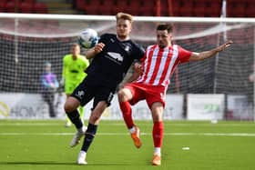 Donaldson in action for Falkirk against Airdrieonians this season (Pic Michael Gillen)