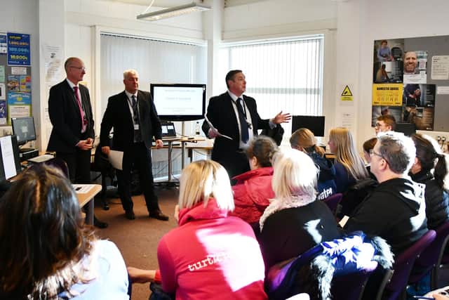 The packed meeting heard from Falkirk Council officials Head of Education, David Mackay; Head of Housing and Communities, Kenny Gillespie and Head of Invest Falkirk, Paul Kettrick.
