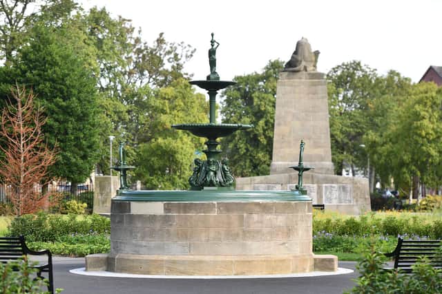 The renovated fountain and war memorial in Zetland Park
