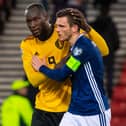GLASGOW, SCOTLAND - SEPTEMBER 9: Scotland's Andy Robertson is consoled by Romelu Lukaku at full time during a UEFA Euro 2020 qualifier between Scotland and Belgium, at Hampden Park, on September 9, 2019, in Glasgow, Scotland. (Photo by Alan Harvey / SNS Group)