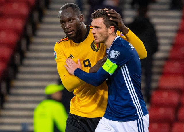 GLASGOW, SCOTLAND - SEPTEMBER 9: Scotland's Andy Robertson is consoled by Romelu Lukaku at full time during a UEFA Euro 2020 qualifier between Scotland and Belgium, at Hampden Park, on September 9, 2019, in Glasgow, Scotland. (Photo by Alan Harvey / SNS Group)
