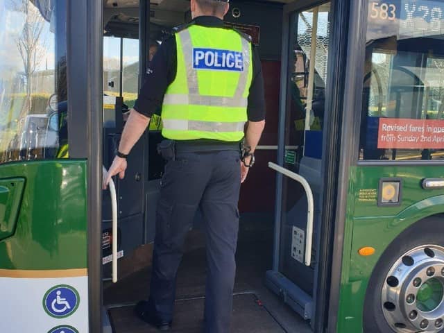Police officers have stepped up Gateway patrols, boarding service buses to check on anti-social behaviour in West Lothian. Pic: Police Scotland