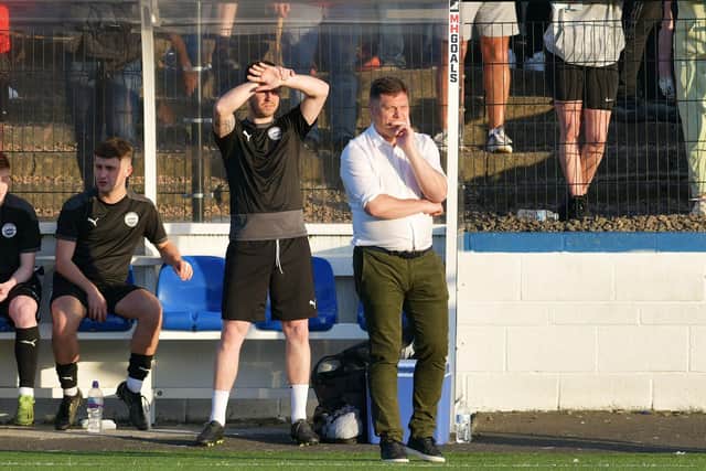 Dunipace boss Danny Smith on the touchline at Newtown Park as his side defeated Linlithgow Rose 3-2 to reach the EOS League Cup final