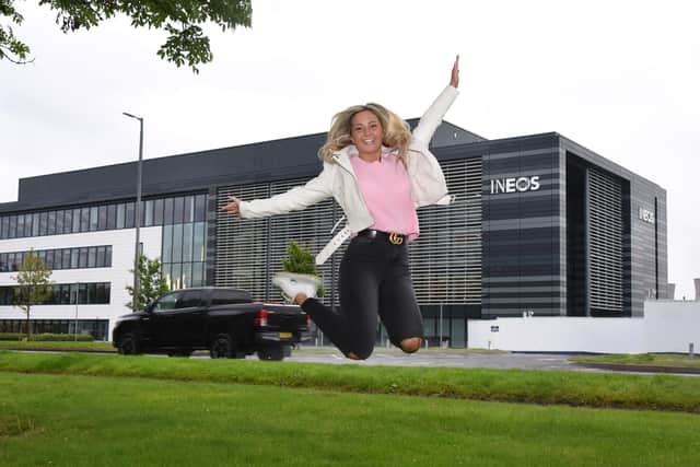 Katie Cunningham, St Mungo’s High School pupil, jumped for joy after being offered an apprenticeship with Ineos. Picture: Lisa Evans.