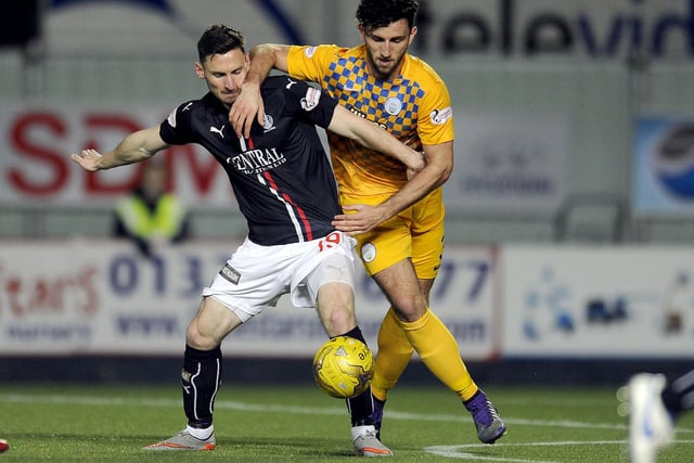 March 18, 2017: Falkirk 0, Morton 1
Robert McHugh getting a shot away for Falkirk under pressure from Morton's Ricki Lamie. Kudus Oyenuga scored the only goal of the game at the Falkirk Stadium to win it for the visitors (Photo: Michael Gillen)