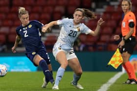 Scotland's Nicola Docherty and Belgium's Marie Detuyer in action during a UEFA Women's Nations League game between Scotland and Belgium at Hampden Park, on September 26, 2023, in Glasgow, Scotland. (Photo by Alan Harvey/SNS Group)