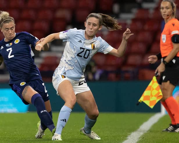 Scotland's Nicola Docherty and Belgium's Marie Detuyer in action during a UEFA Women's Nations League game between Scotland and Belgium at Hampden Park, on September 26, 2023, in Glasgow, Scotland. (Photo by Alan Harvey/SNS Group)