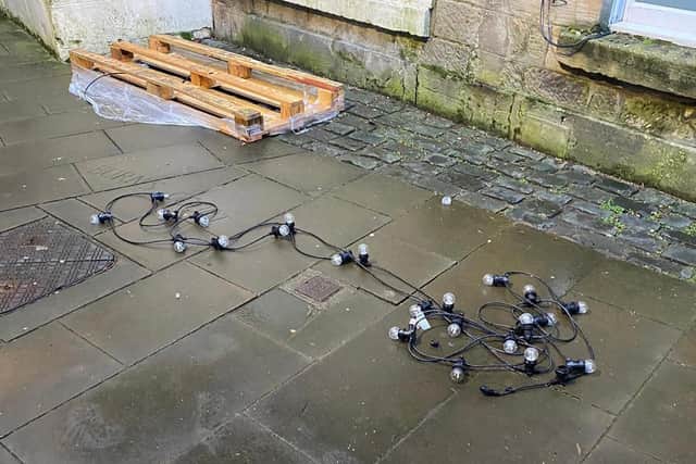 String lights in a marquee set up by Tea Jenny's in Kings Court, Falkirk were ripped down by vandals. Tea Jenny's Facebook page.