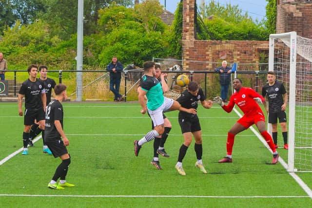 Bo’ness goalkeeper Musa Digba and his backline clear a Gala Fairydean Rovers cross (Pictures: Scott Louden)