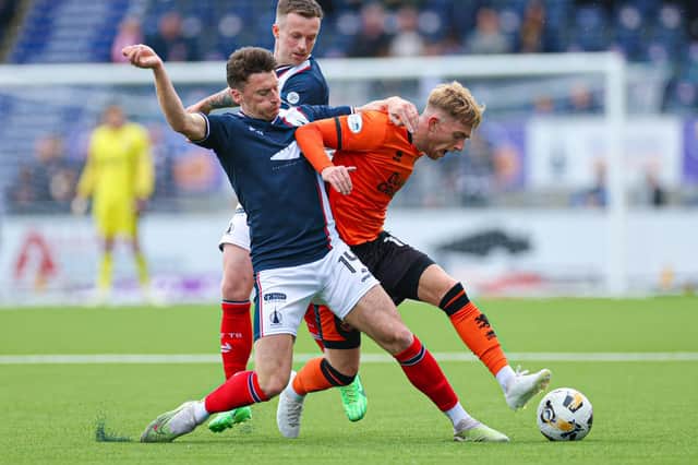 Falkirk’s Michael McKenna and Dundee United’s Kai Fotheringham in action during a 2-0 Premier Sports Cup group-stage home win for the Bairns in July 2024 (Photo by Roddy Scott/SNS Group)