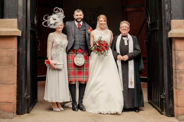 Elise Thomson and Thomas Peden who were married on June 11, 2022 in Stenhouse and Carron Church by bride's father, Rev. Bill Thomson, pictured with the bride's mum Evelyn Thomson