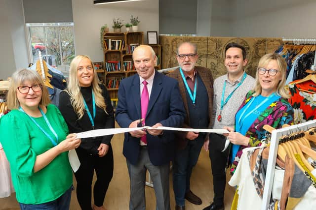 Opening of The Boutique at Arnotdale House, left to right, Alison Reid volunteer; Linda Kelly, director of commercial and trading; Alex Totten; Ewan Aitken, Cyrenians CEO; Jonny Reid, general manager Arnotdale House; and Lindsay Gordon, volunteer