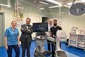 The new mini x-ray machine is speeding up how NHS Forth Valley can deliver operations. Left to right: Fiona Bush, NHS Forth Valley senior radiographer, Mr Turab Syed, NHS Forth Valley orthopaedic surgeon, Charlie Doherty, Xograph area manager and Mehran Khan, Xograph applications specialist. Pic: Contributed