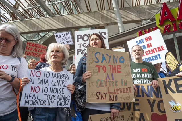 Campaigners against the Larbert AI data centre plans were protesting outside the Scottish Parliament on Thursday.  Pic: Lisa Ferguson