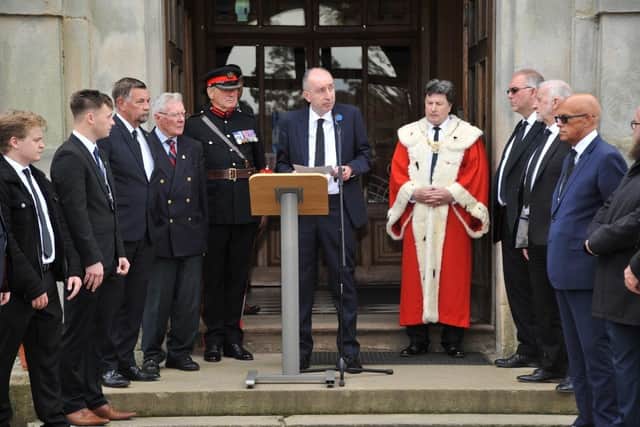 Falkirk Council chief executive Kenneth Lawrie reads the Proclamation of Accession for Charles III. Pic: Hunter Miller