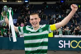 GLASGOW, SCOTLAND - MAY 03: Celtic's Kyle Ure with the trophy during the Youth Cup Final match between Rangers and Celtic at Hampden Park, on May 03, 2023, in Glasgow, Scotland.  (Photo by Ewan Bootman/SNS Group)