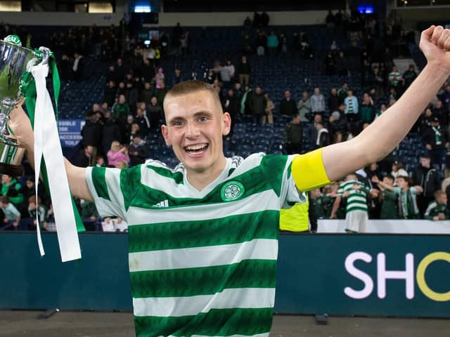 GLASGOW, SCOTLAND - MAY 03: Celtic's Kyle Ure with the trophy during the Youth Cup Final match between Rangers and Celtic at Hampden Park, on May 03, 2023, in Glasgow, Scotland.  (Photo by Ewan Bootman/SNS Group)