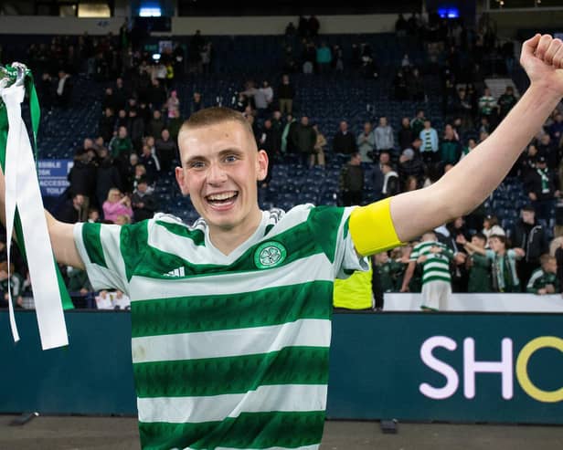 GLASGOW, SCOTLAND - MAY 03: Celtic's Kyle Ure with the trophy during the Youth Cup Final match between Rangers and Celtic at Hampden Park, on May 03, 2023, in Glasgow, Scotland.  (Photo by Ewan Bootman/SNS Group)