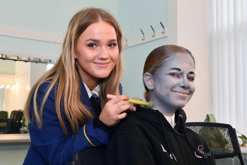 Giving Larbert High School pupil Leila McKay her makeover into Jame Finlayson is fellow pupil Evie Hope, 17.