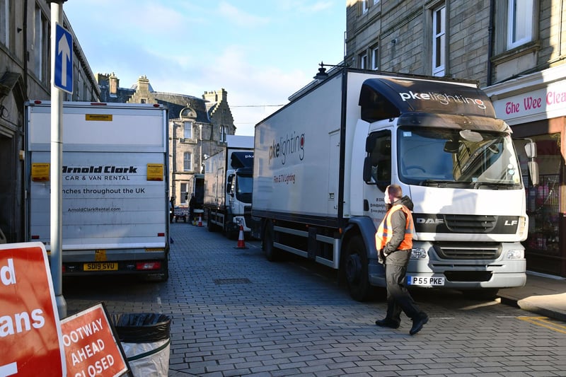 A lot happens behind the scenes when film crews turn up in town.
Pictured are just some of the production trucks which arrived in Bo'ness this week.