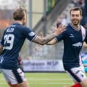 Brad Spencer wheels away to celebrate after scoring for Falkirk against Dunfermline Athletic (Photo: Mark Scates/SNS Group)