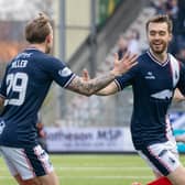 Brad Spencer wheels away to celebrate after scoring for Falkirk against Dunfermline Athletic (Photo: Mark Scates/SNS Group)