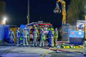 Firefighters at the scene of today's fire in Grangemouth. Pic: Michael Gillen