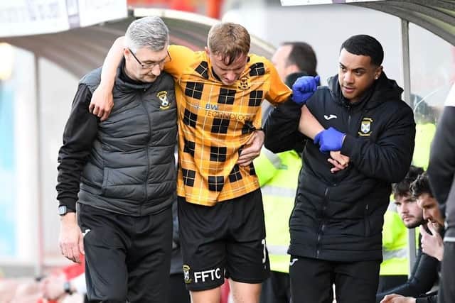 HAMILTON, SCOTLAND - MAY 12: East Fife's Sam Denham goes off injured and has to be helped off during a cinch League One play-off semi-final second leg match between Clyde and East Fife at New Douglas Park, on May 12, 2023, in Hamilton, Scotland. (Photo by Craig Foy / SNS Group)