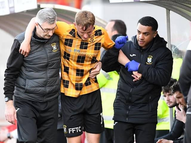 HAMILTON, SCOTLAND - MAY 12: East Fife's Sam Denham goes off injured and has to be helped off during a cinch League One play-off semi-final second leg match between Clyde and East Fife at New Douglas Park, on May 12, 2023, in Hamilton, Scotland.  (Photo by Craig Foy / SNS Group)