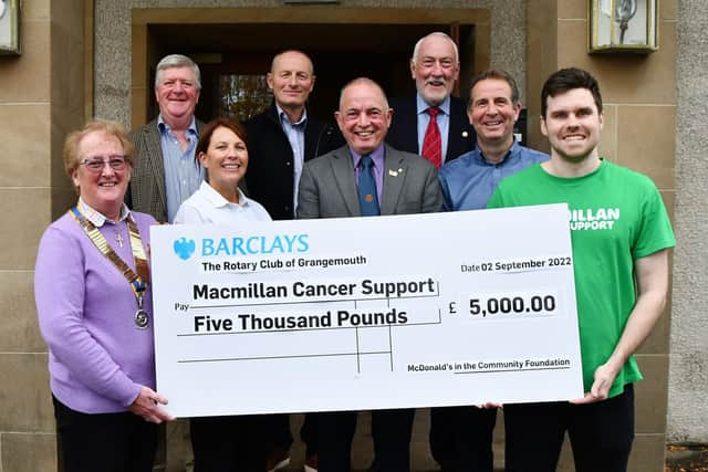 The Rotary Club of Grangemouth received £5000 from McDonalds towards their charity golf day. Pictured: Front row, club president, Alison Meikle; Sharon Stewart, McDonald's; club secretary, Eddie Collier; Elliot Jardine, McDonald's and Matt Smith, Macmillan Cancer Support relationship fundraising manager, Scotland North & East. Back row, Rotary members Alan Graham, Mark Fotheringham and George Nichol. Pic Michael Gillen