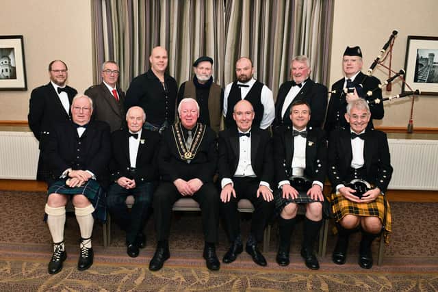 The top table for Falkirk Burns Club annual Cclebration. Pictured: Back row; Willie MacRae, Jimmy Gavin, John Merrilees, Charles Macdonald, Jamie Crozier, Brian Goldie, and Tommy Couper. Front row; Iain MacSween, Ian Crozier, Jim Shields, David Wheeler Chairman and President, David McClements, and David Barclay. Pic: Michael Gillen
