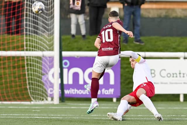 EDINBURGH, SCOTLAND - JANUARY 13: Stenhousemuir's Matty Yates (C) scores to make it 1-0 during a cinch League Two match between Spartans and Stenhousemuir at Ainslie Park, on January 13, 2024, in Edinburgh, Scotland. (Photo by Rob Casey / SNS Group)