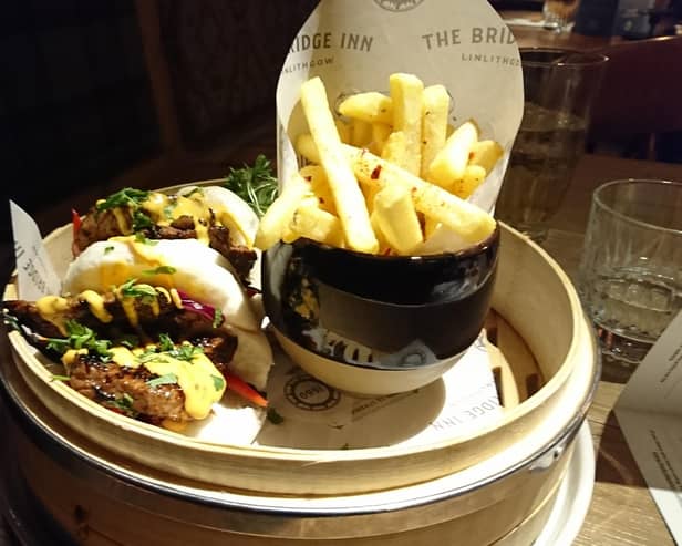 Char sui pork with bao buns and salt and chili fries, at the Bridge Inn, Linlithgow Bridge.