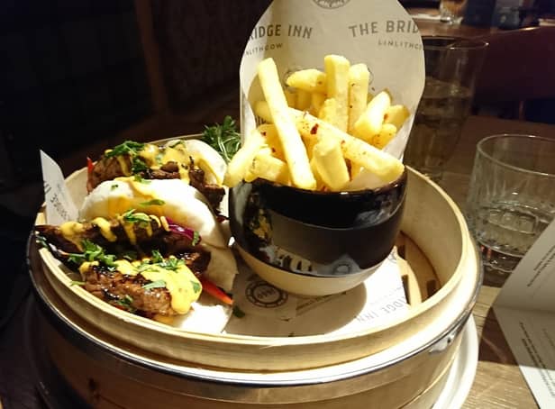 Char sui pork with bao buns and salt and chili fries, at the Bridge Inn, Linlithgow Bridge.