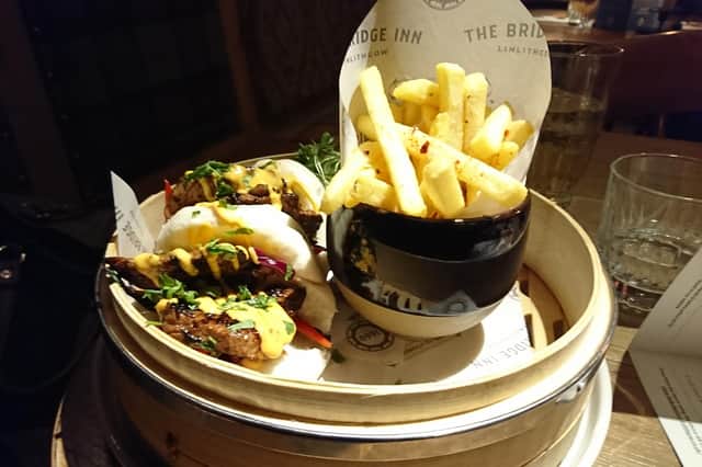 Char sui pork with bao buns and salt and chili fries, at the Bridge Inn, Linlithgow Bridge.
