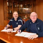10-02-2024. Picture Michael Gillen. FALKIRK. Falkirk Stadium. Falkirk FC manager John McGlynn and assistant manager Paul Smith sign two-year extensions to their contracts at Falkirk.
