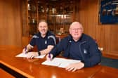 10-02-2024. Picture Michael Gillen. FALKIRK. Falkirk Stadium. Falkirk FC manager John McGlynn and assistant manager Paul Smith sign two-year extensions to their contracts at Falkirk.