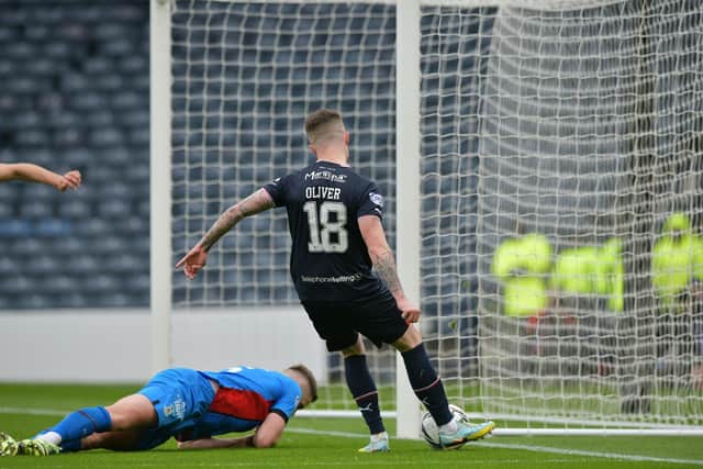 Gary Oliver missed a big chance when he was rounded Caley's Mark Ridgers in net, but he couldn't score to make it 3-1
