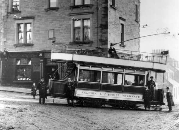 A tram at Larbert Cross outside the Wheat Sheaf Bar around 1905.