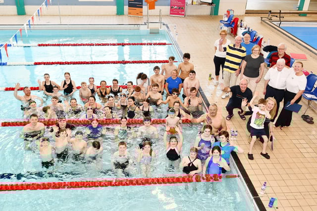 The teams taking part in the Rotary Club of Falkirk Swimarathon 2025 along with club members.
