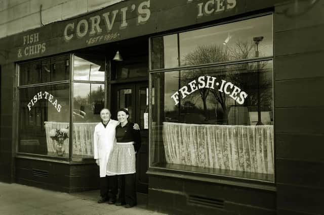 Mari-Ellena with her father Bert, pictured outside Corvi's in 2014 before his retirement.