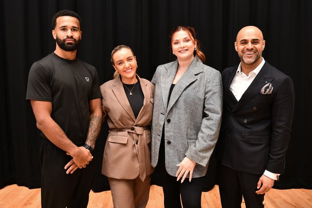 The local entrepreneurs who took part in the event, from left, Mark Ewen, Professional MMA Fighter and Personal Trainer from Polmont; Amy Moore, Co-Founder and Director of Aquarius Creative; Rachel Spicer, Social Media Influencer from Denny and Amrit Dhillon, Managing Director Candied Ice Cream.