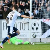 21-10-2023. Picture Michael Gillen. STIRLING. Forthbank Stadium. Stirling Albion v Falkirk FC. Season 2023 - 2024. Matchday 10. SPFL cinch League One. Second goal Falkirk and the winner by Brad Spencer 8.