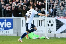 21-10-2023. Picture Michael Gillen. STIRLING. Forthbank Stadium. Stirling Albion v Falkirk FC. Season 2023 - 2024. Matchday 10. SPFL cinch League One. Second goal Falkirk and the winner by Brad Spencer 8.