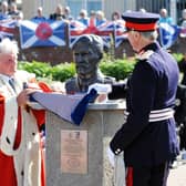 Provost William Buchanan and Lord-Lieutenant of Stirling and Falkirk, Alan Simpson unveil the bust of SAS hero John McAleese