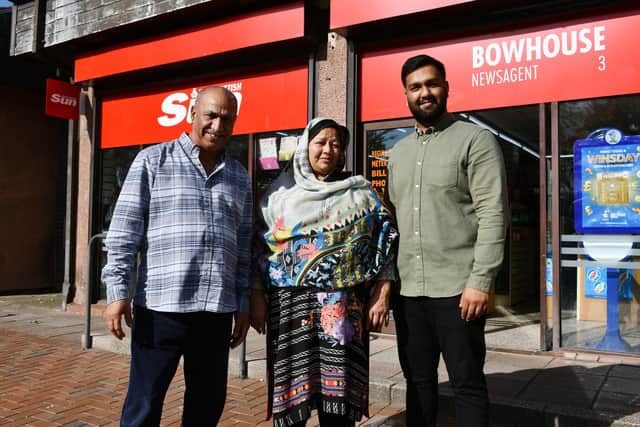 Bowhouse Newsagent. The Farid family  -Ghulam Farid, Shagufta Shamin and  Zain Farid.