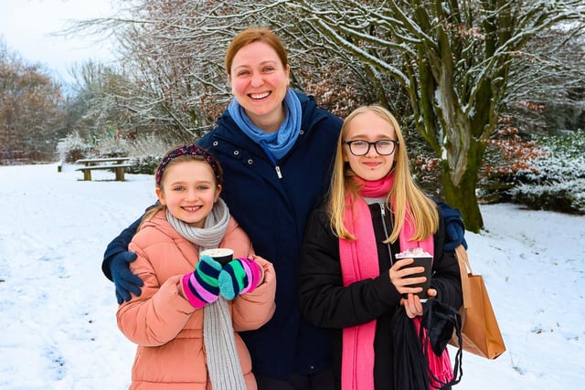 Lorna with her daughters Anna, 9, and Eilidh, 12, from Polmont warming up with some delicious hot chocolate.